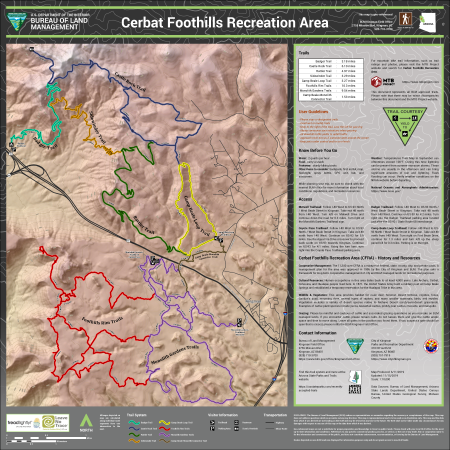 A detailed trail map and visitor brochure. Four trailheads are marked: Metwell, Coyote Pass, Badger, and Camp Beale Loop. Parking areas, restrooms, and a scenic overlook are shown. Highways including Interstate 40, US-93, and State Route 68 are shown for reference. The right side of the map includes brochure panels covering trail lengths, user guidelines, safety and weather information, trailhead access directions, area history, wildlife, vegetation, grazing, and contact information.