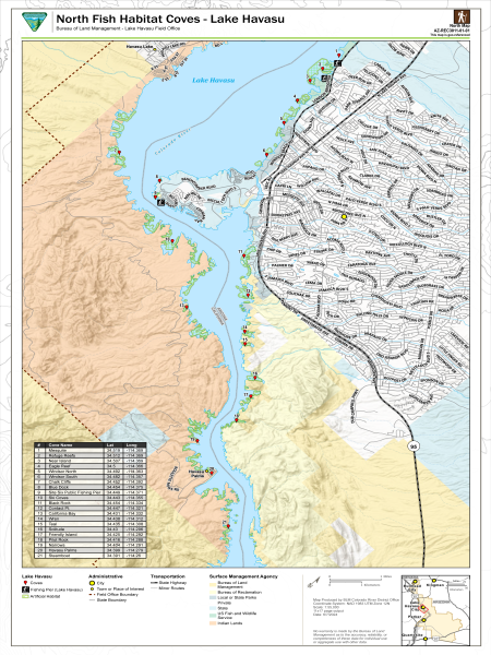 Twenty-one numbered fish habitat coves are marked with red markers along the lake shoreline, ranging from Mesquite (1) in the north to Steamboat (21) in the south. Artificial habitat areas are shown in green along the shoreline. A fishing pier symbol marks the Site Six Public Fishing Pier. Lake Havasu is shown in light blue. A reference table in the lower left lists all 21 coves by number, name, latitude, and longitude. An inset locator map in the lower right shows the map area in regional context.