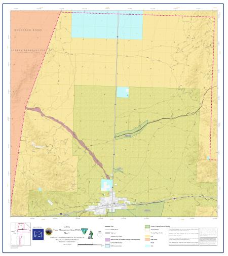 La Posa Travel Management Area Map 1 showing BLM lands, recreation areas, and designated roads north of Quartzsite, Arizona, near the Colorado River.