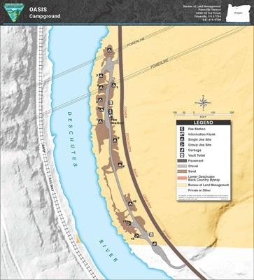 map of Oasis Campground showing river and campsites