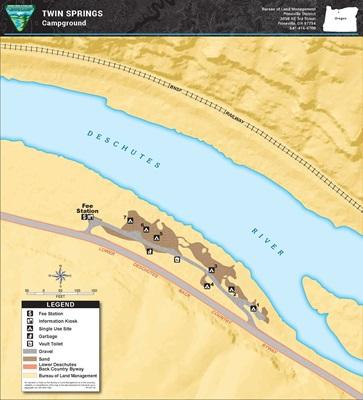 map of Twin Springs Campground showing rivers and campsite locations