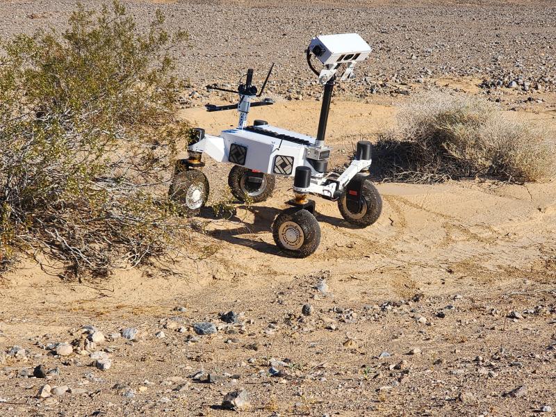 Rover navigating the Plaster City Open Area California in a desert